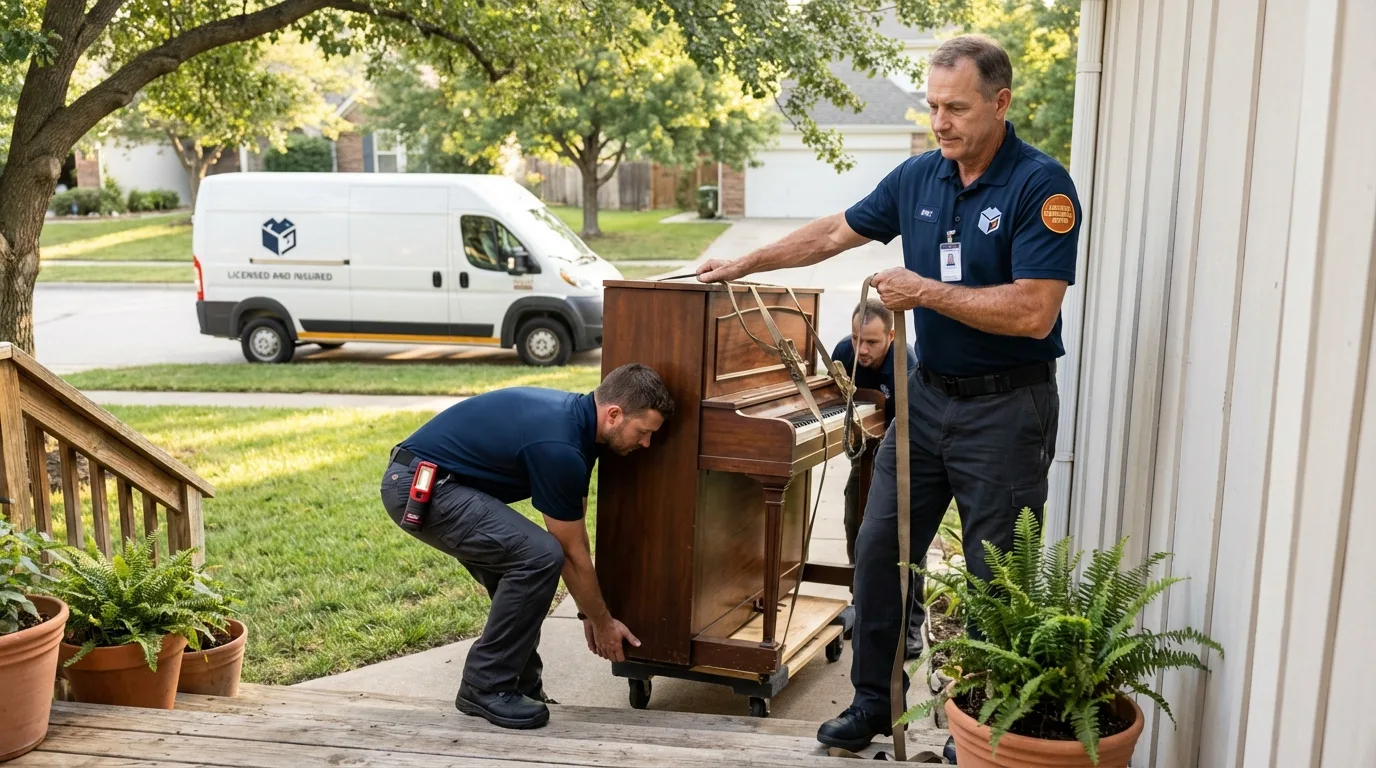 Licensed piano movers securing grand piano in Henry, IL
